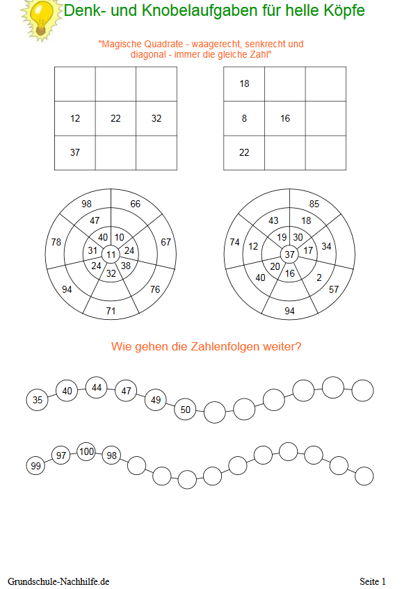 Arbeitsblatt Nachhilfe Mathe Klasse 3 / 4 Denk- und Knobelaufgaben